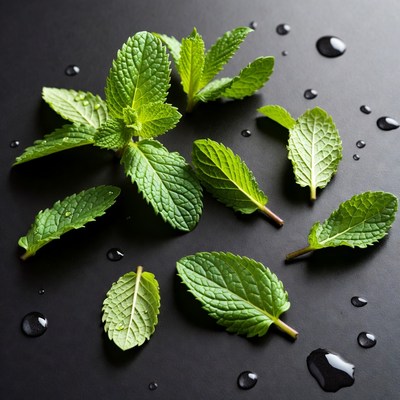 Fresh Mint Leaves on Black Background