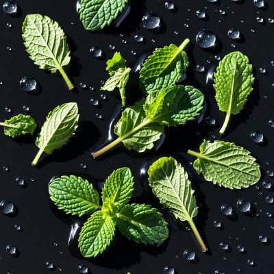 Fresh Mint Leaves with Water Droplets
