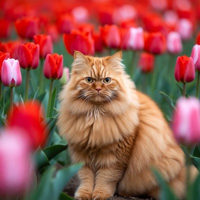 Orange Persian Cat in Red Tulips