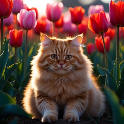Orange Persian Cat in Tulip Field