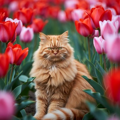 Orange cat in tulip field