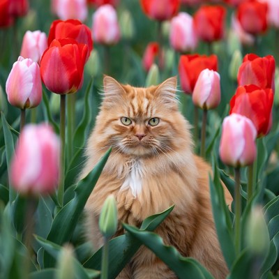 Orange Cat in Pink Red Tulip Field