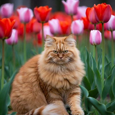 Orange Persian Cat in Tulip Field