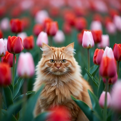 Orange cat in tulip field