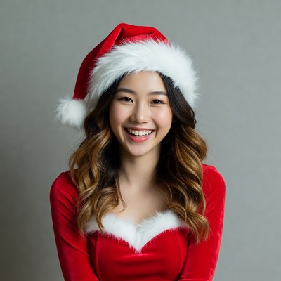 Asian woman in red Santa dress
