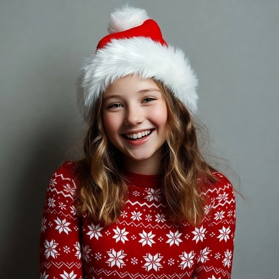 Girl smiling in Santa hat and sweater