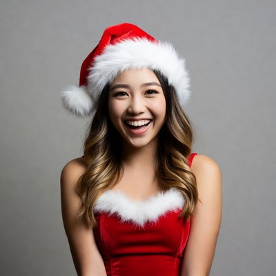 Asian woman in Santa hat smiling
