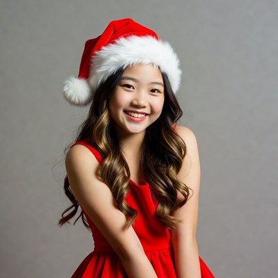 Asian girl in Santa hat and red dress