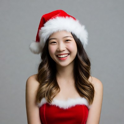 Asian woman in Santa hat smiling