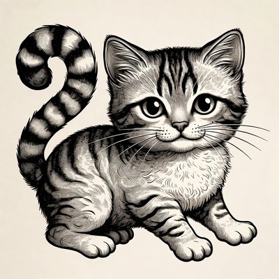 Cute tabby kitten sitting with tail curled