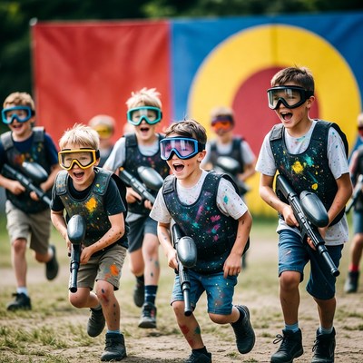 Boys playing paintball game