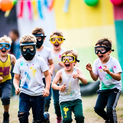 Boys in goggles running with paint splatter