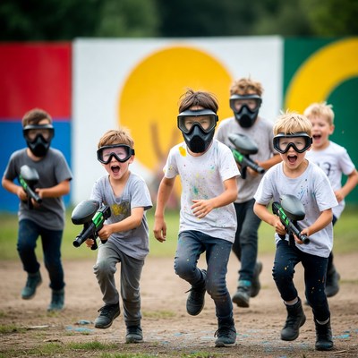 Boys playing paintball game