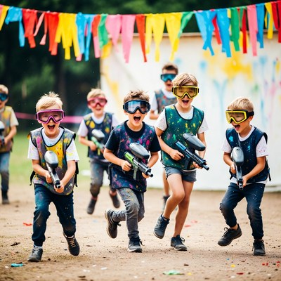 Boys playing paintball with goggles