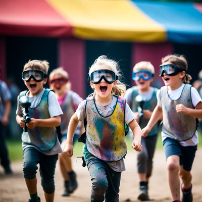 Kids running in paintball game