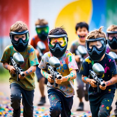 Boys playing paintball game