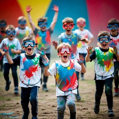 Boys running with colorful paint splatters