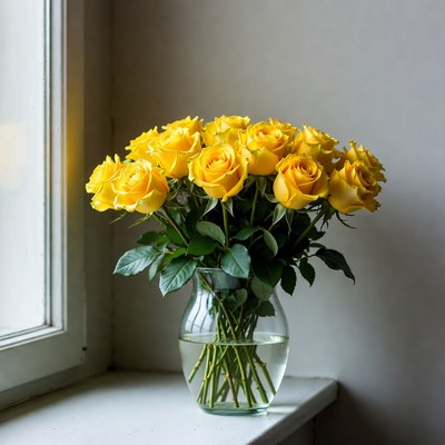 Yellow Roses Bouquet in Glass Vase