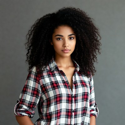 African-American woman in plaid shirt