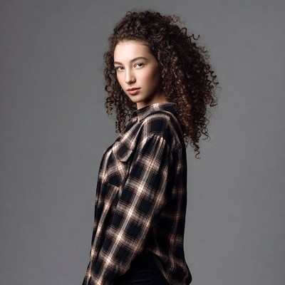 Young woman with curly hair in plaid shirt