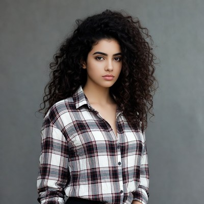 Woman with curly hair in plaid shirt