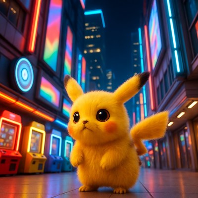 Pikachu standing in neon city street