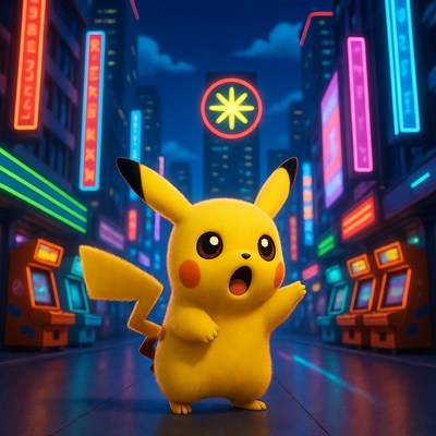 Pikachu in neon city street