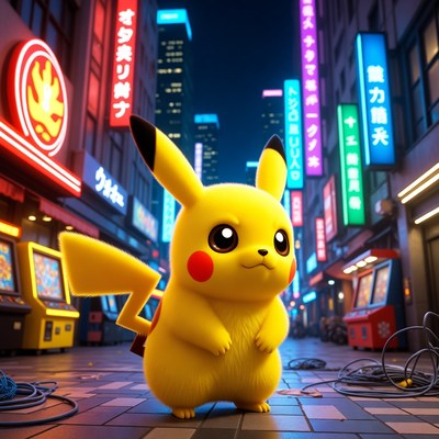 Pikachu in neon-lit Tokyo street