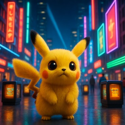 Pikachu in neon city street