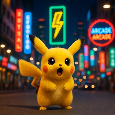 Pikachu standing in neon city street