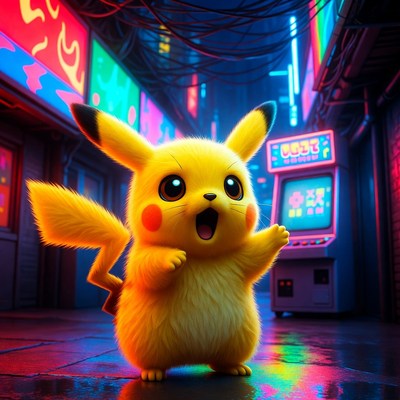 Pikachu in neon cyberpunk alley