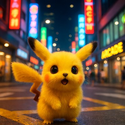 Pikachu in neon-lit city street