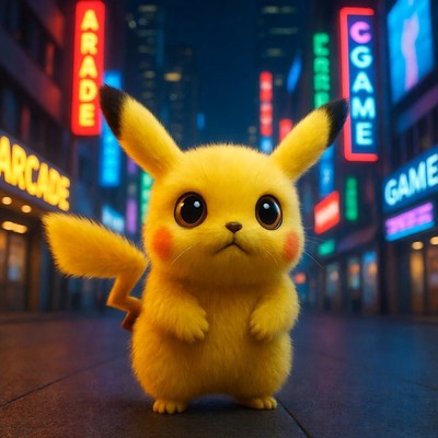 Pikachu in neon-lit city street