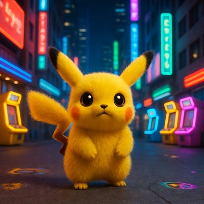 Pikachu standing in neon city street