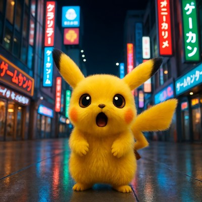 Pikachu in neon-lit Tokyo street
