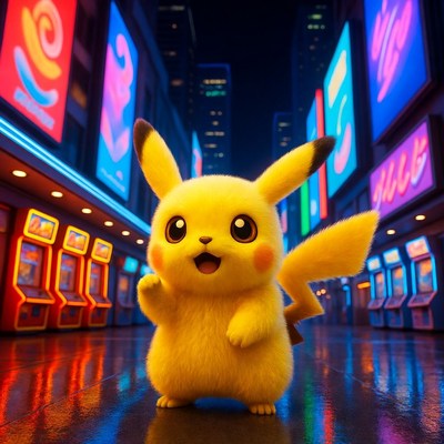 Pikachu waving in neon city street