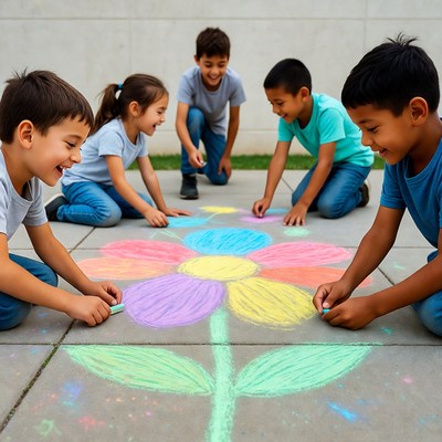 Children drawing giant flower with chalk