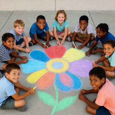 Diverse children drawing giant chalk flower
