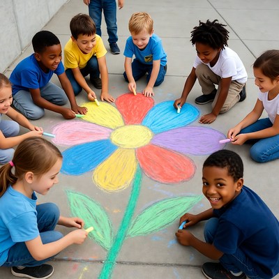 Diverse children drawing giant flower with chalk
