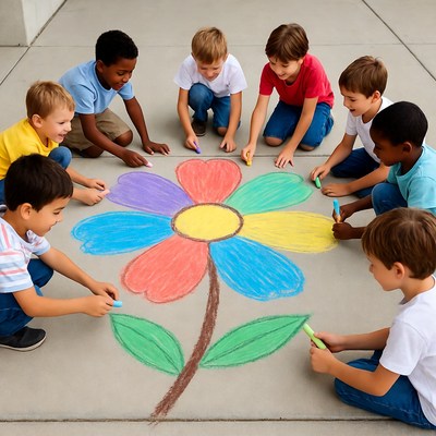 Children drawing colorful flower with chalk