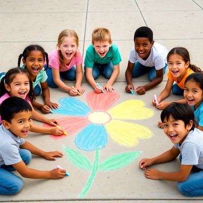 Diverse children drawing giant flower chalk