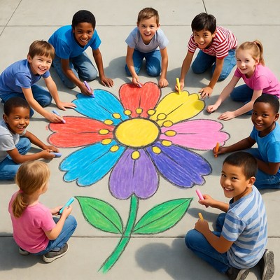 Children drawing giant chalk flower