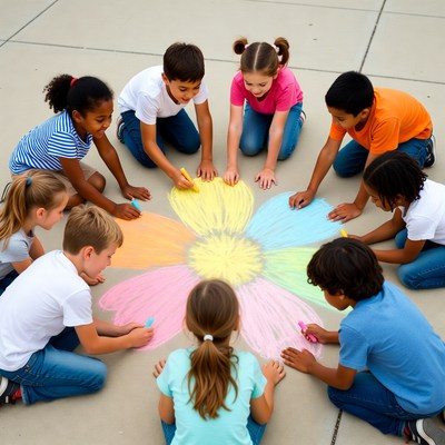 Children drawing giant flower with chalk