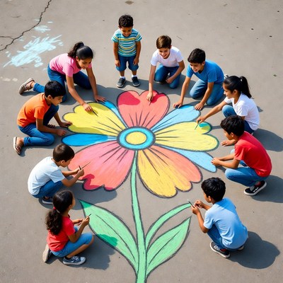 Children drawing giant chalk flower