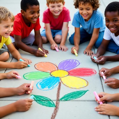 African-American children drawing colorful flower