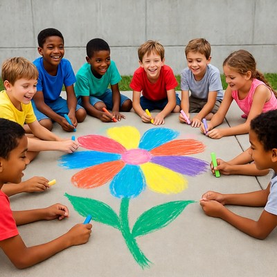 Children drawing colorful flower with chalk