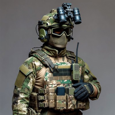 Soldier in Camouflage Gear with Night Vision