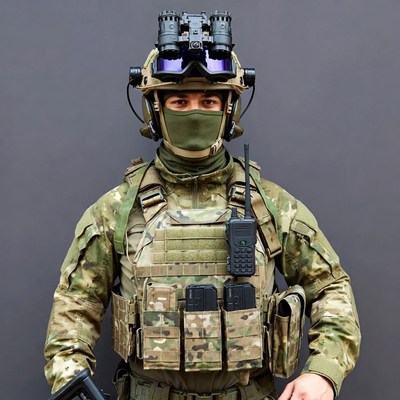 Soldier in camouflage gear with night vision goggles