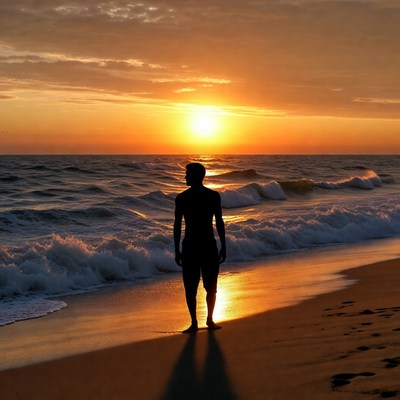 Silhouette man watching sunset beach