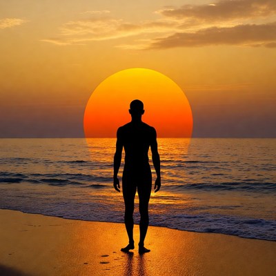 Silhouette man facing sunset beach